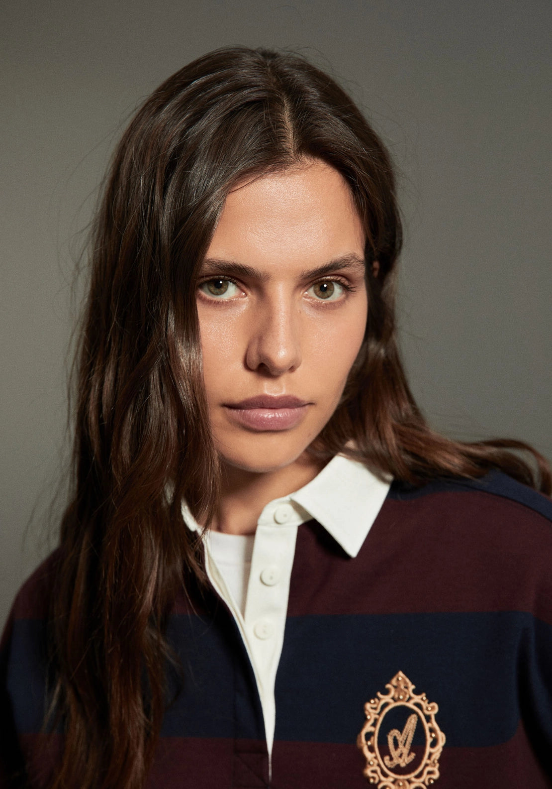 Wide Stripe Polo Collar Sweatshirt - Eggplant