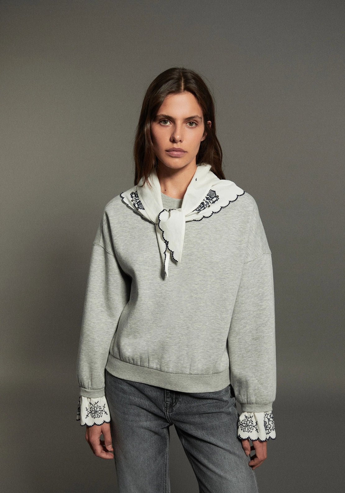 Embroidered Scarf Sweatshirt - Grey