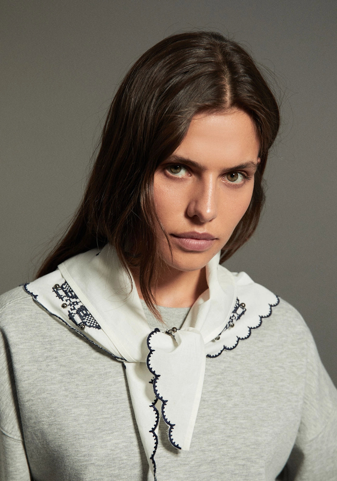 Embroidered Scarf Sweatshirt - Grey
