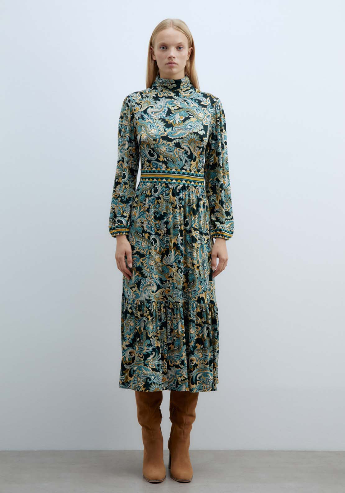 Sfera Funnel Neck Viscose Dress - Light Green 2 Shaws Department Stores