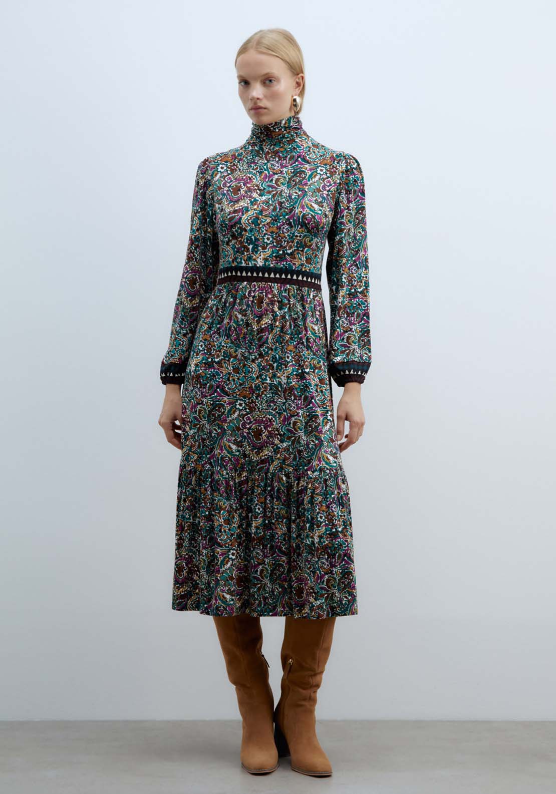 Sfera Funnel Neck Viscose Dress - Green Acid 1 Shaws Department Stores
