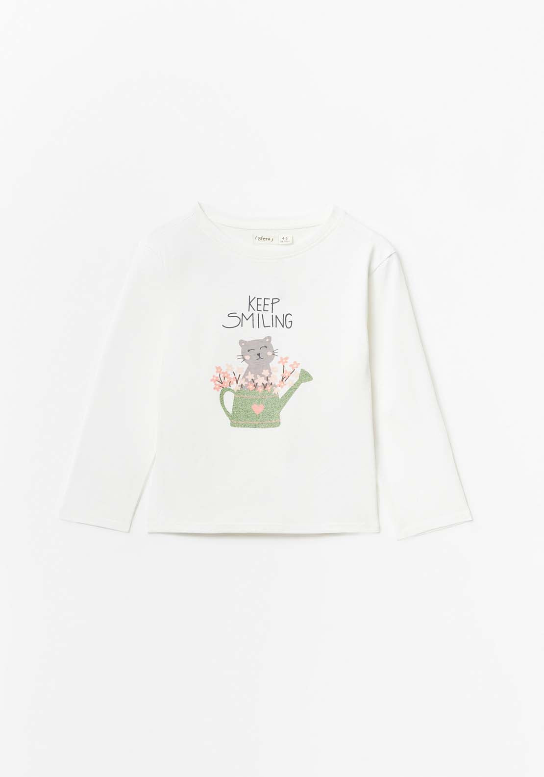 Sfera Long Sleeve Cat Tshirt - Ecru 1 Shaws Department Stores