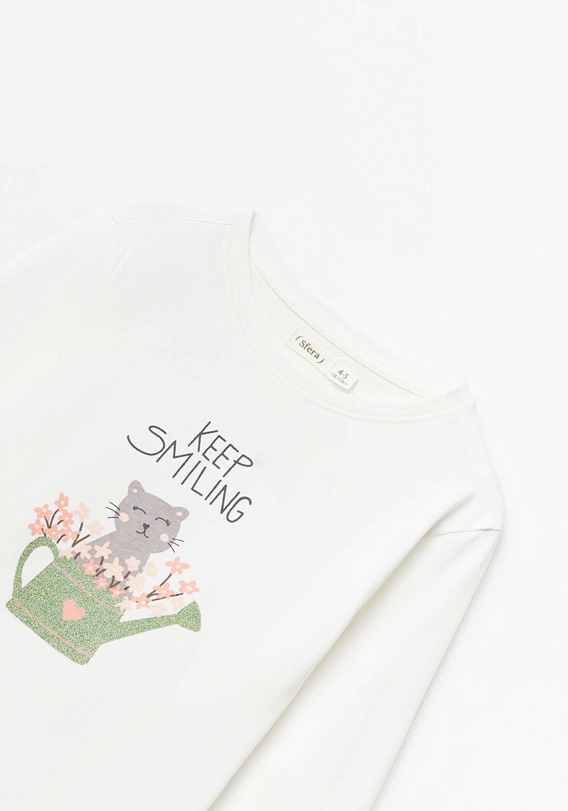 Sfera Long Sleeve Cat Tshirt - Ecru 3 Shaws Department Stores