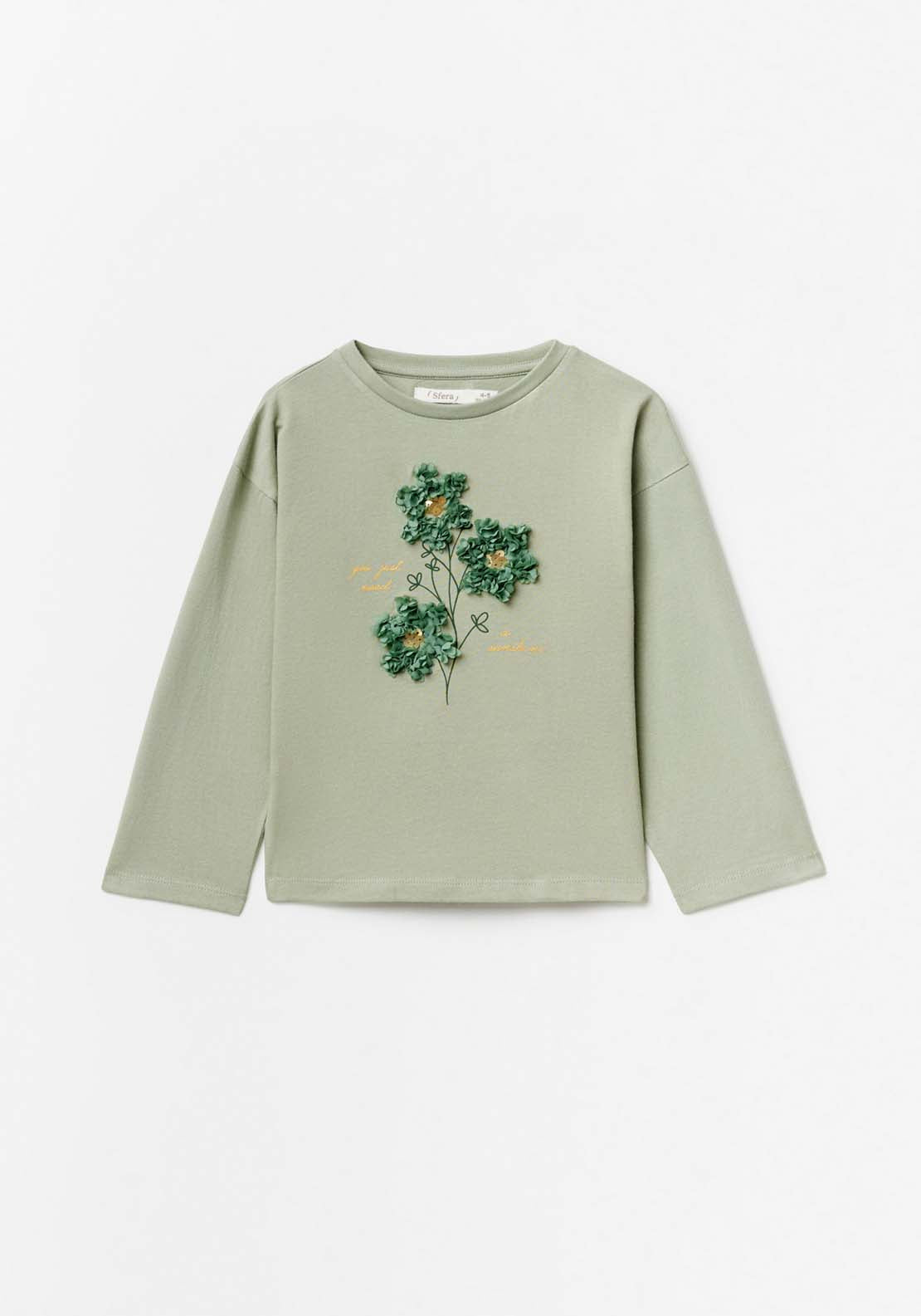 Sfera Long Sleeve Flower Tshirt - Khaki Light 1 Shaws Department Stores