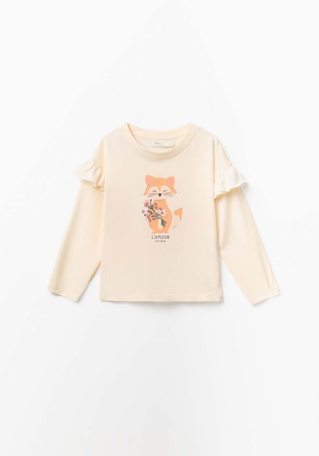 Long Sleeved T-Shirt With Fox Print - Cream