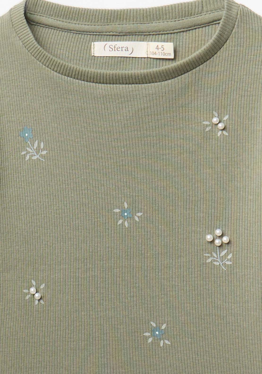 Ribbed Long-Sleeved T-Shirt With Flower &amp; Pearl Detail - Green