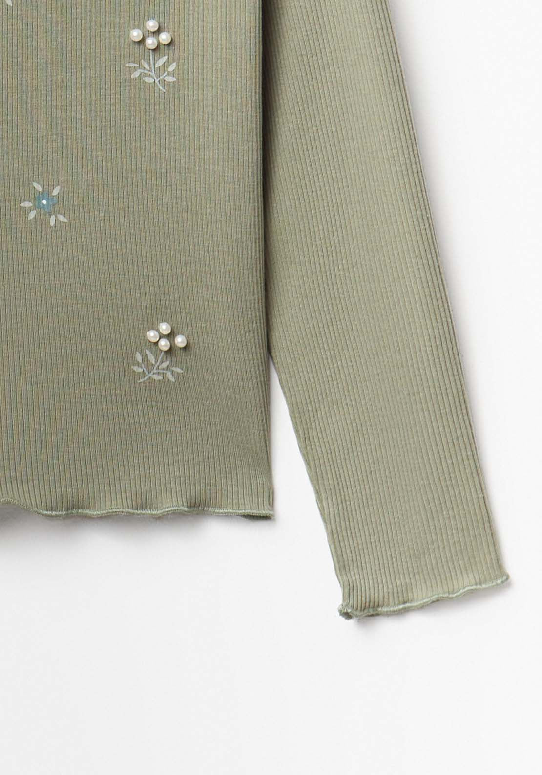 Ribbed Long-Sleeved T-Shirt With Flower &amp; Pearl Detail - Green