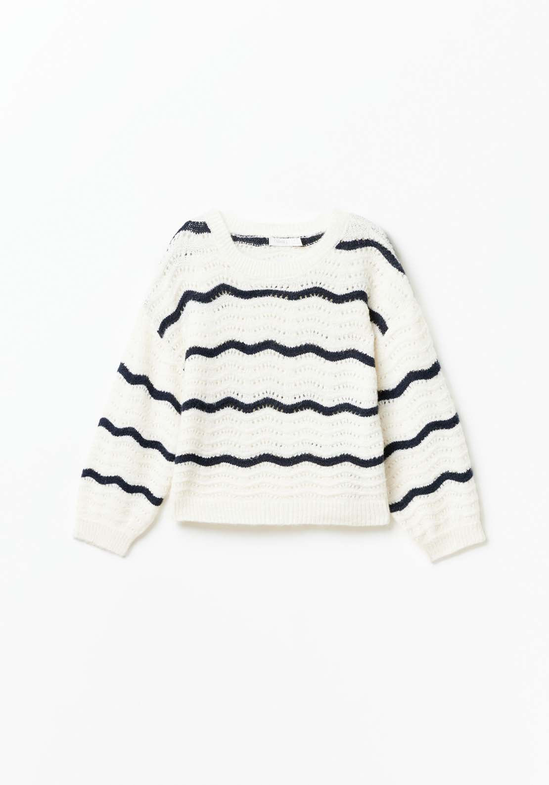 Sfera Long Sleeve Knit Striped Jumper - White Ecru 1 Shaws Department Stores