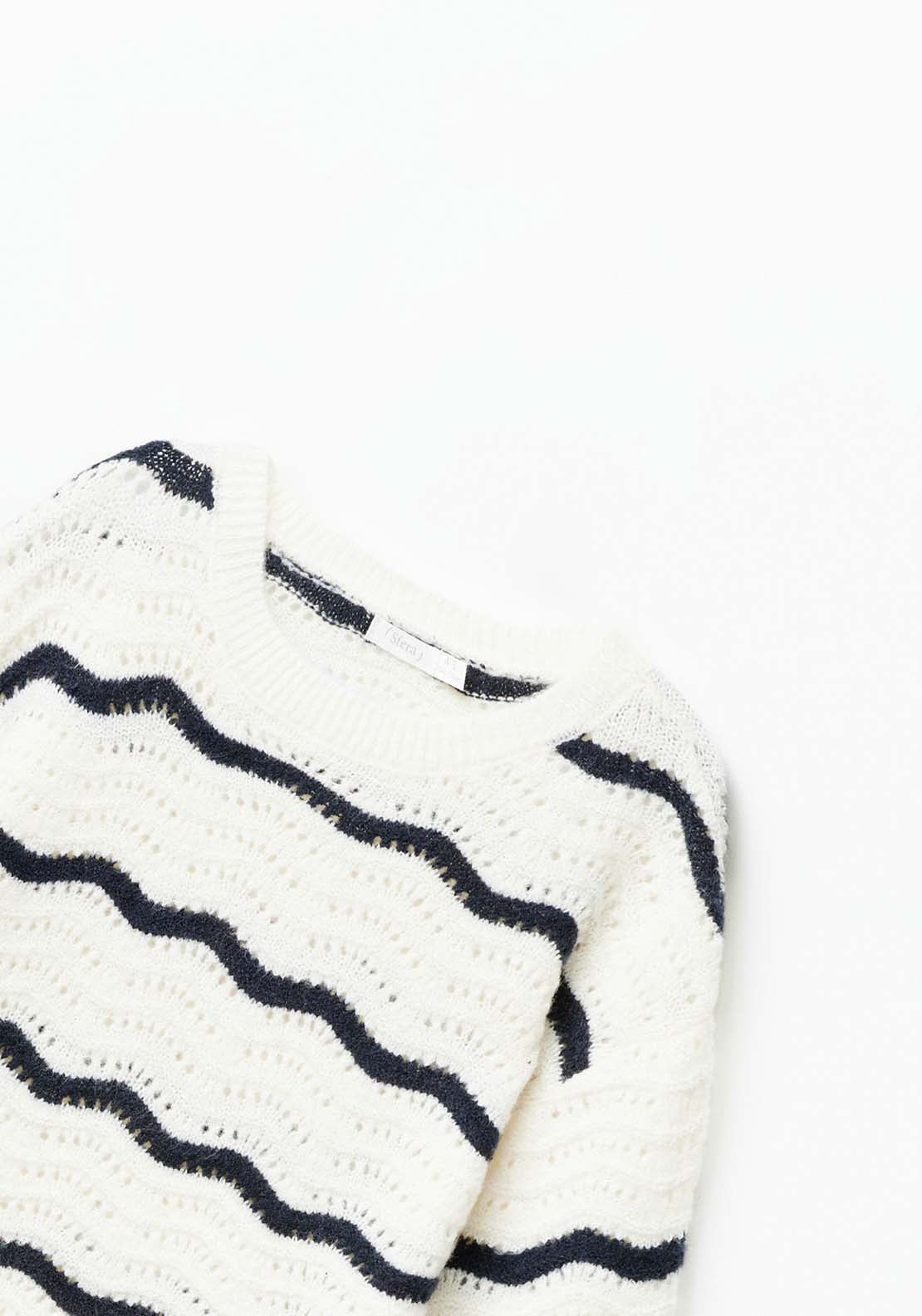 Sfera Long Sleeve Knit Striped Jumper - White Ecru 2 Shaws Department Stores