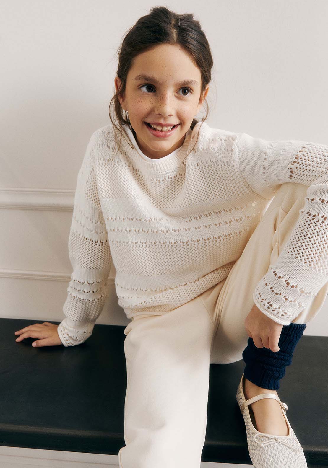 Sfera Baby girl openwork sweater - Ecru 2 Shaws Department Stores