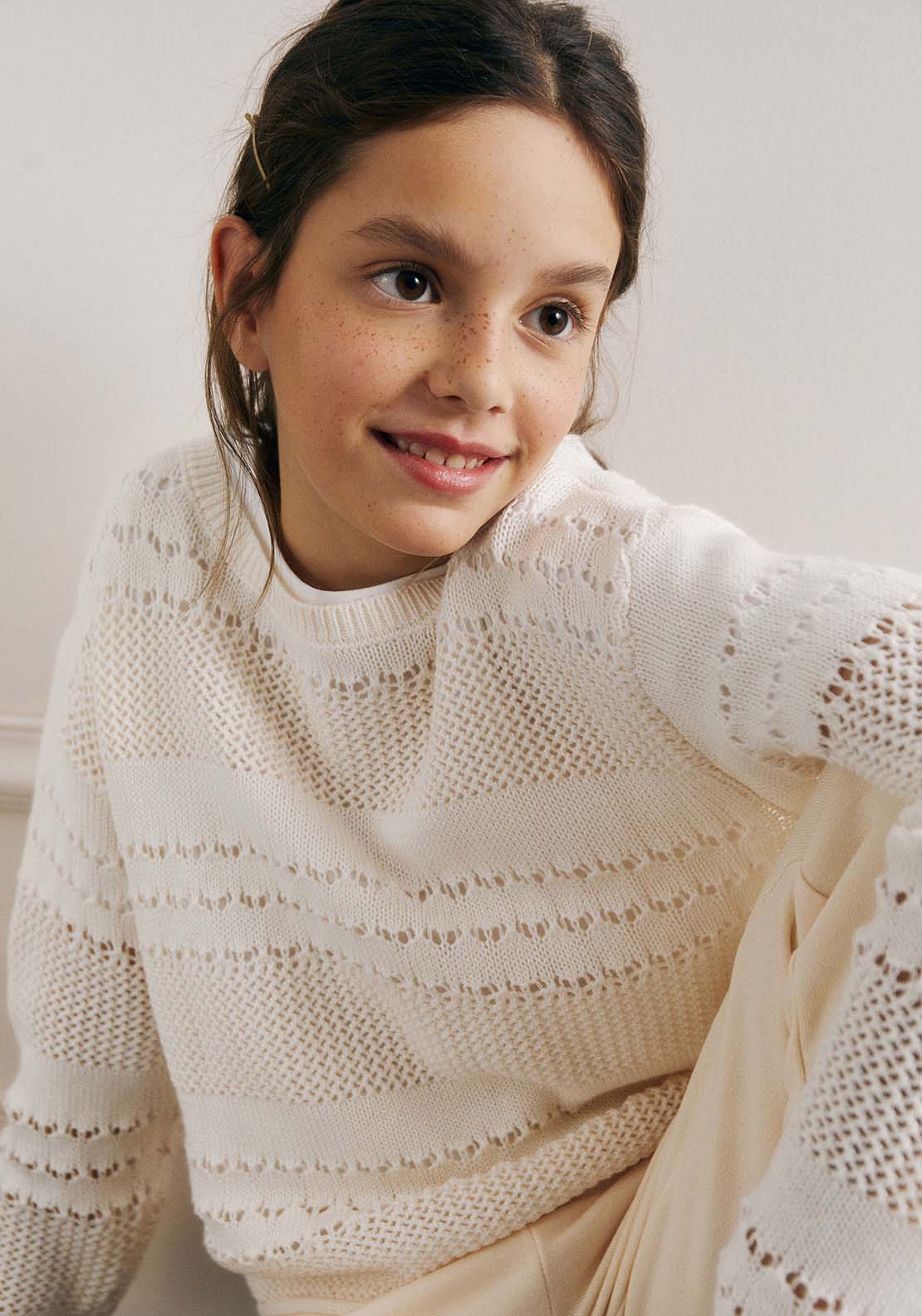 Sfera Baby girl openwork sweater - Ecru 3 Shaws Department Stores