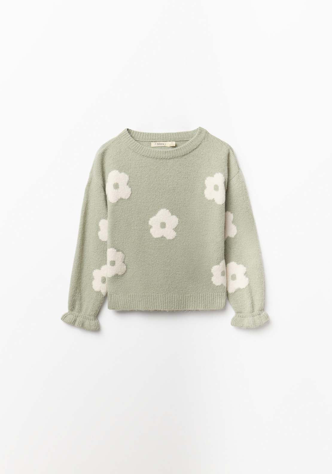 Sweater With Floral Design &amp; Ruffle Cuff - Green