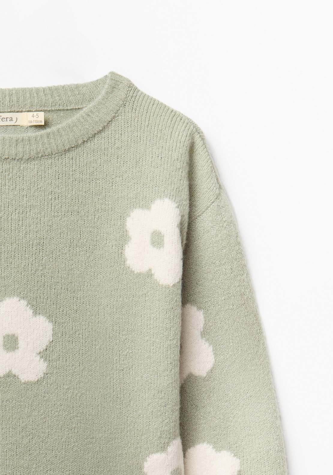 Sweater With Floral Design &amp; Ruffle Cuff - Green