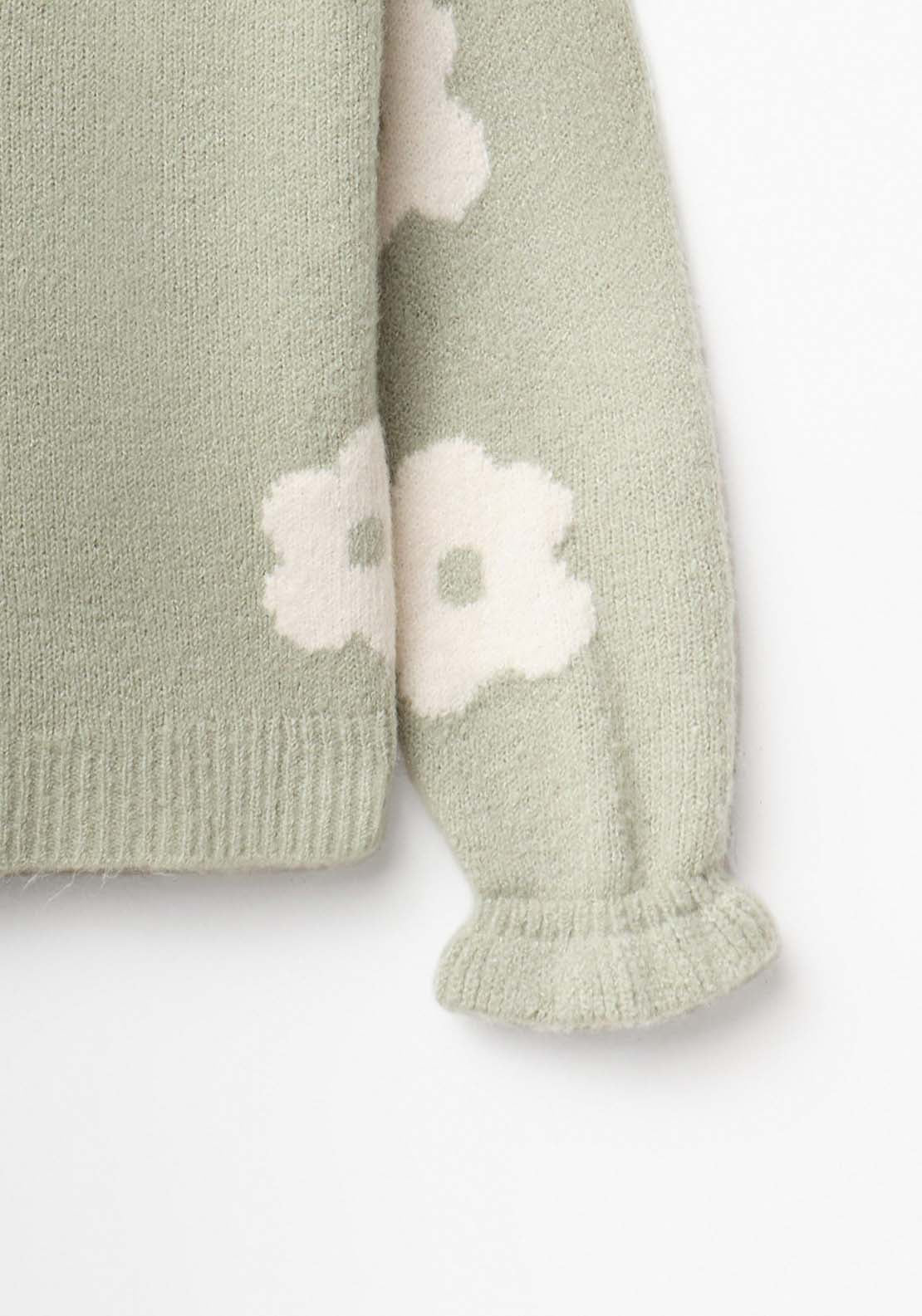 Sweater With Floral Design &amp; Ruffle Cuff - Green
