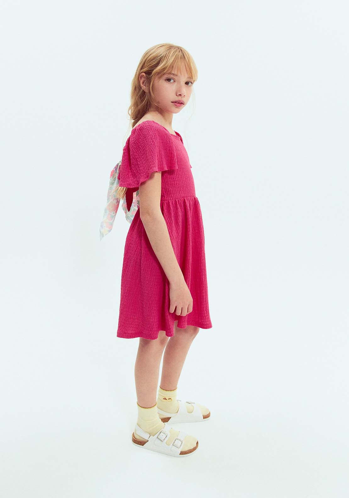 Sfera Short Sleeve Wrinkled Fabric Dress - Fuchsia 5 Shaws Department Stores