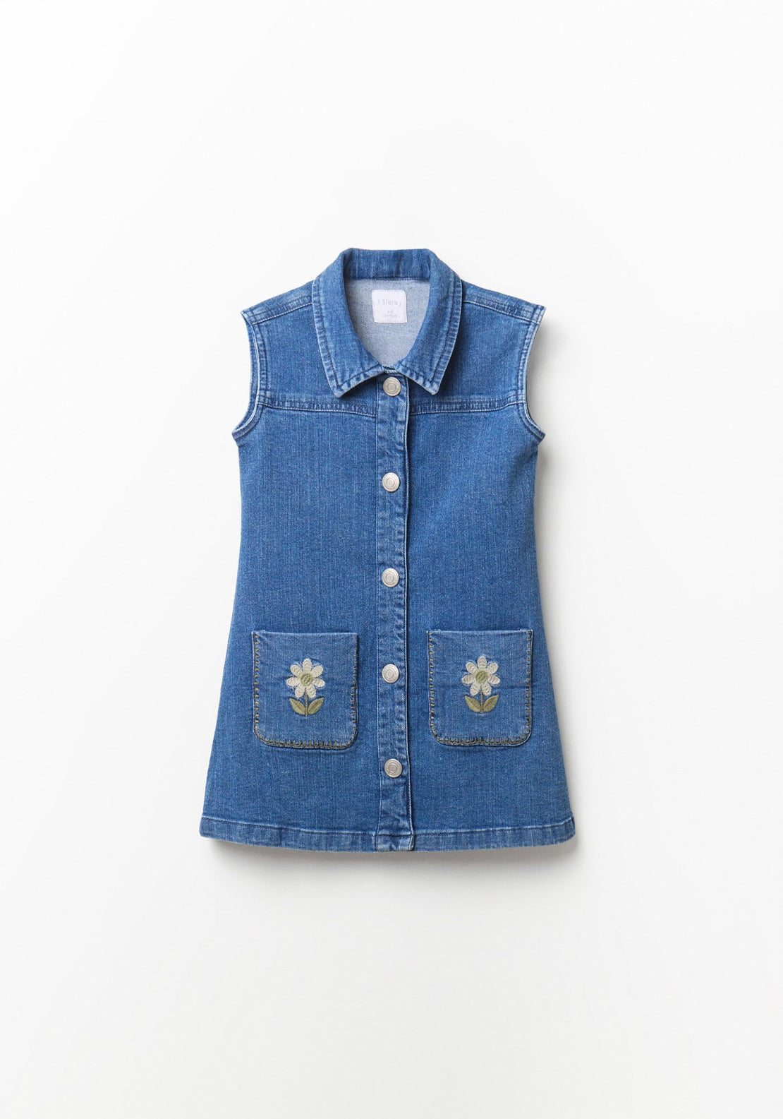 Denim Dress with Embroidered Pockets - Denim Medium Wash