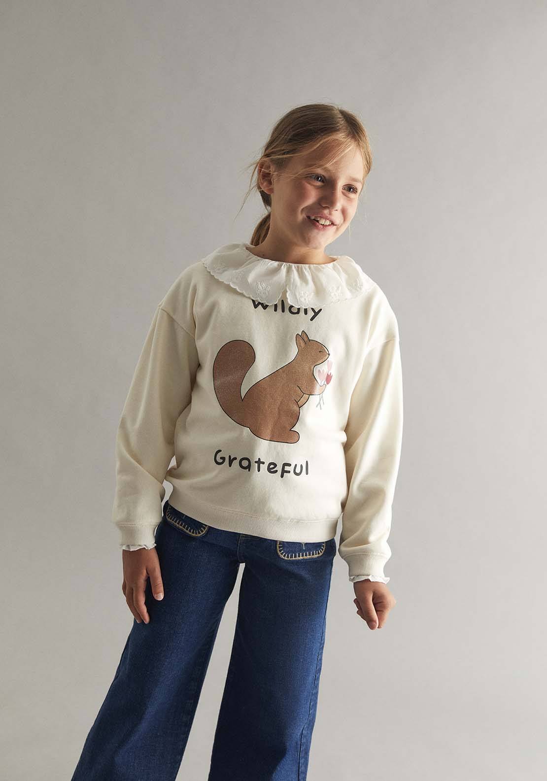 Squirrel Placement Print Sweatshirt - Cream