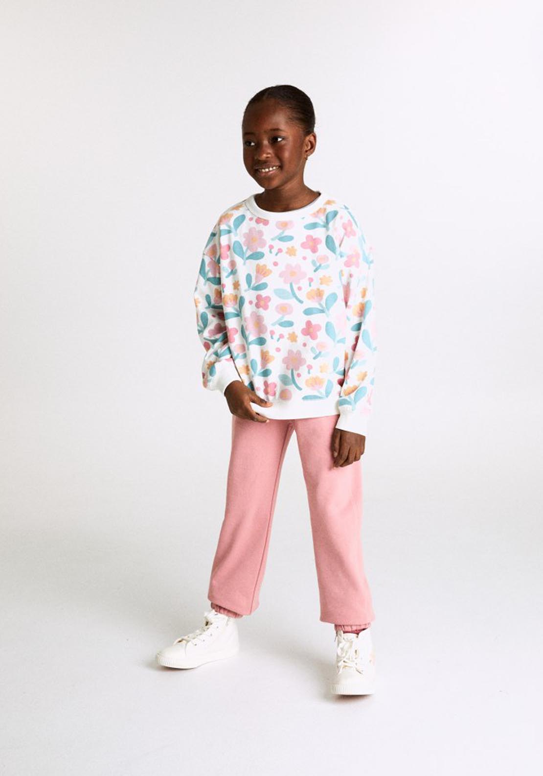 Floral Print Round Neck Sweatshirt - Cream