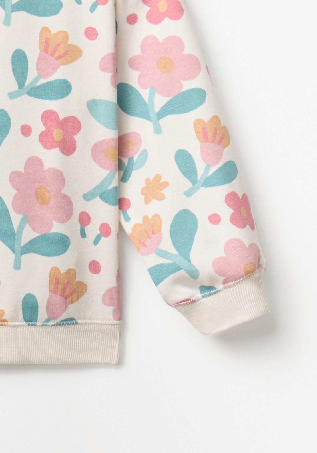 Floral Print Round Neck Sweatshirt - Cream