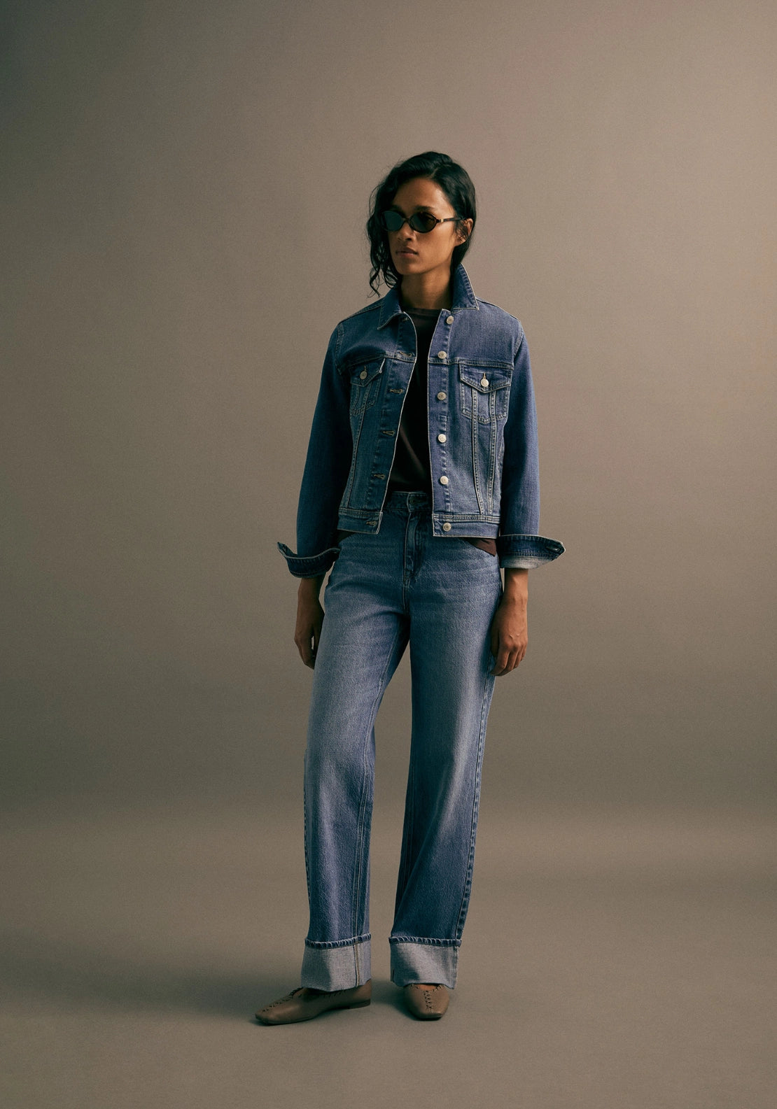 Straight Leg Turn Up Hem Jeans - Denim Medium Blue