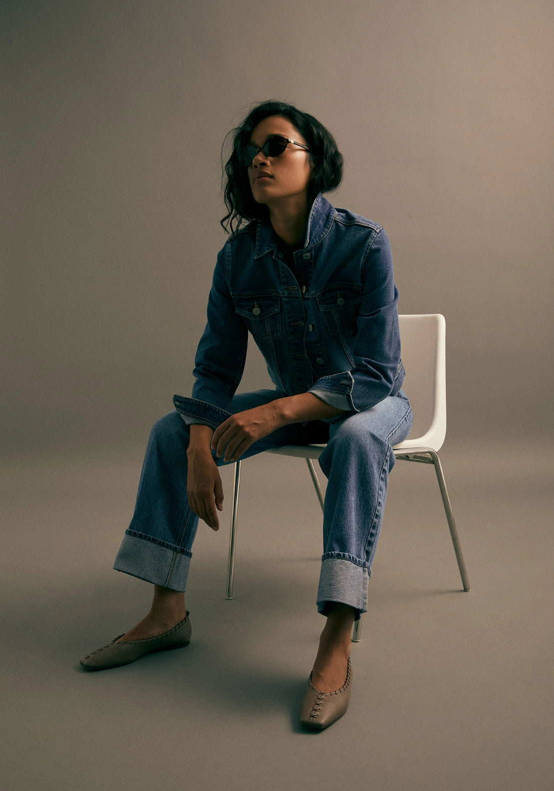Straight Leg Turn Up Hem Jeans - Denim Medium Blue