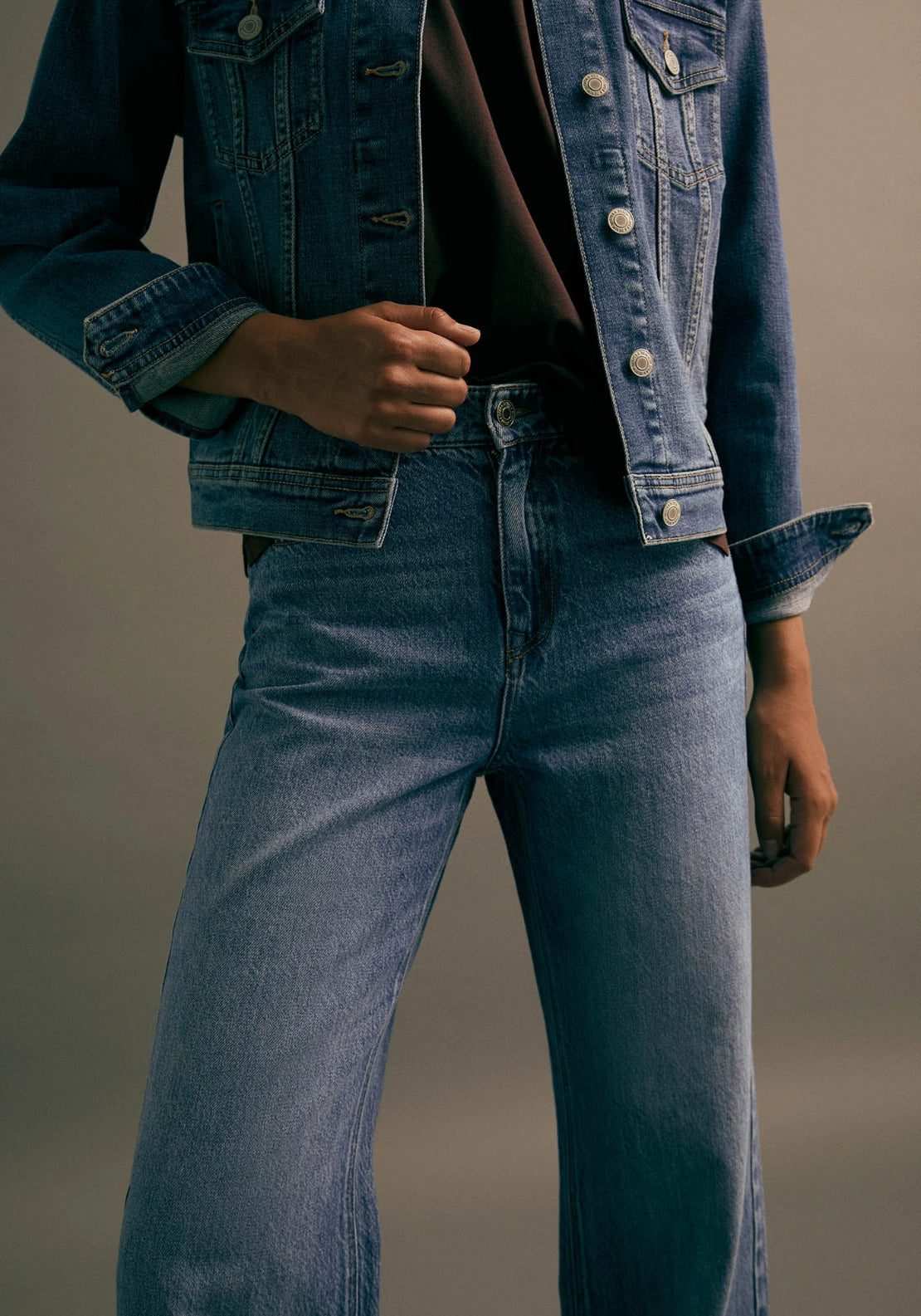 Straight Leg Turn Up Hem Jeans - Denim Medium Blue