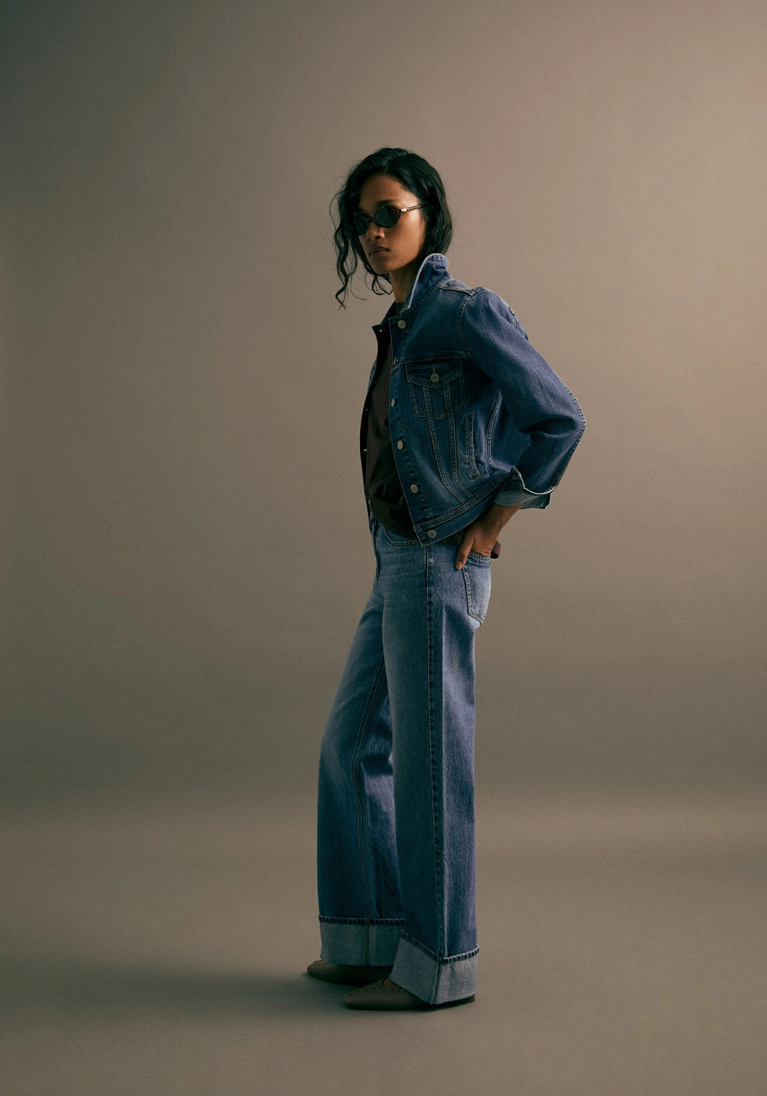 Straight Leg Turn Up Hem Jeans - Denim Medium Blue