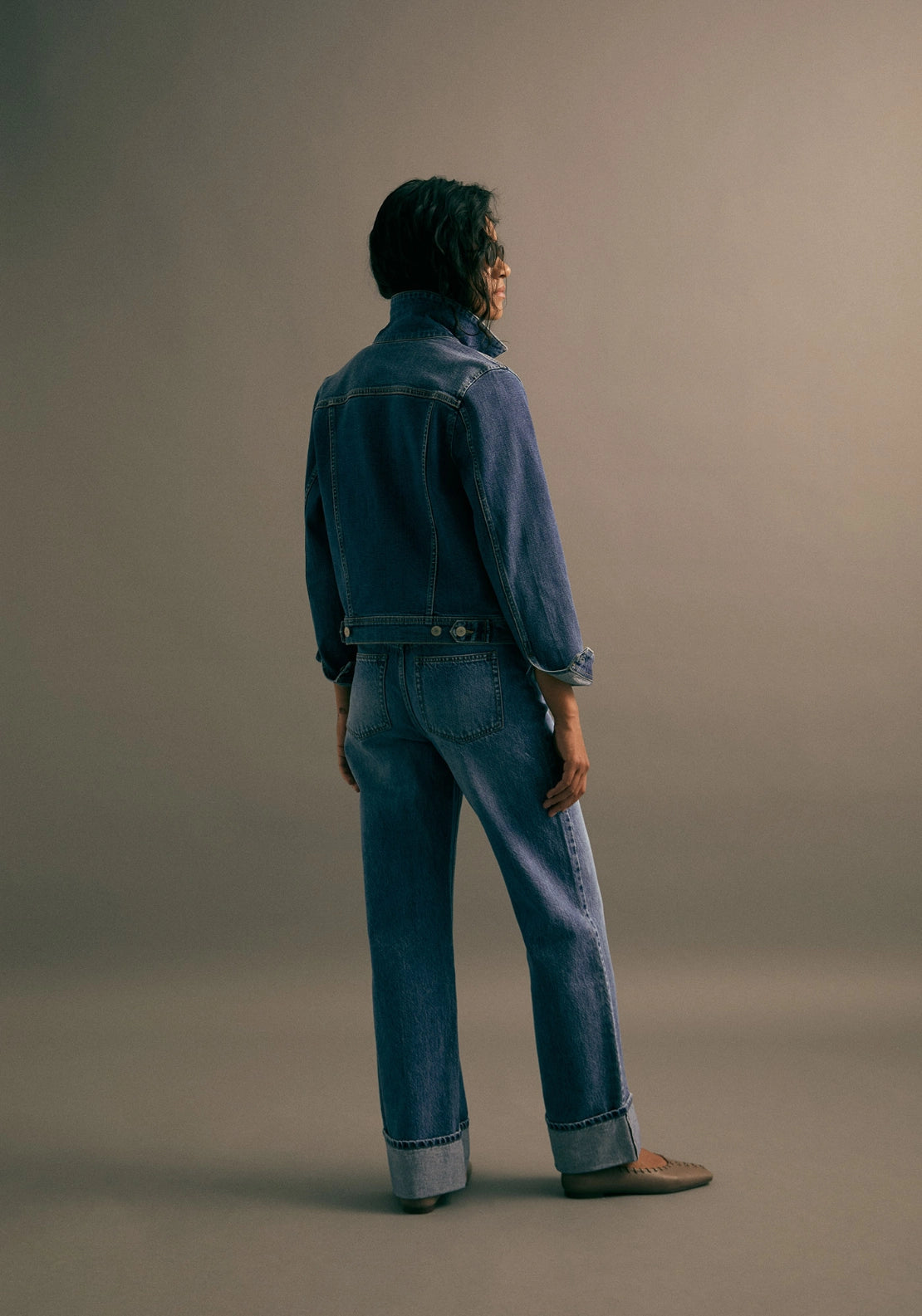 Straight Leg Turn Up Hem Jeans - Denim Medium Blue