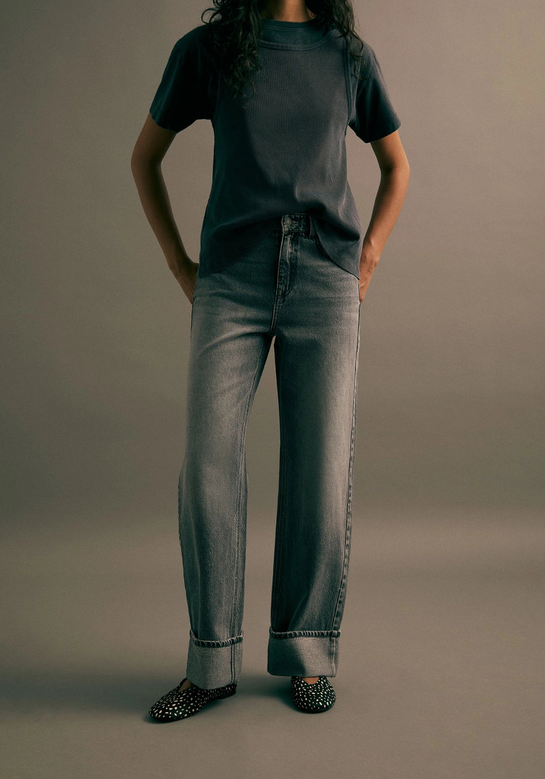 Turn Up Hem Straight Leg Jeans - Denim Medium Blue