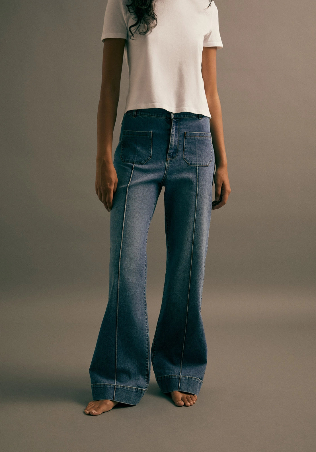 Wide Leg Flared Jeans - Denim Medium Blue
