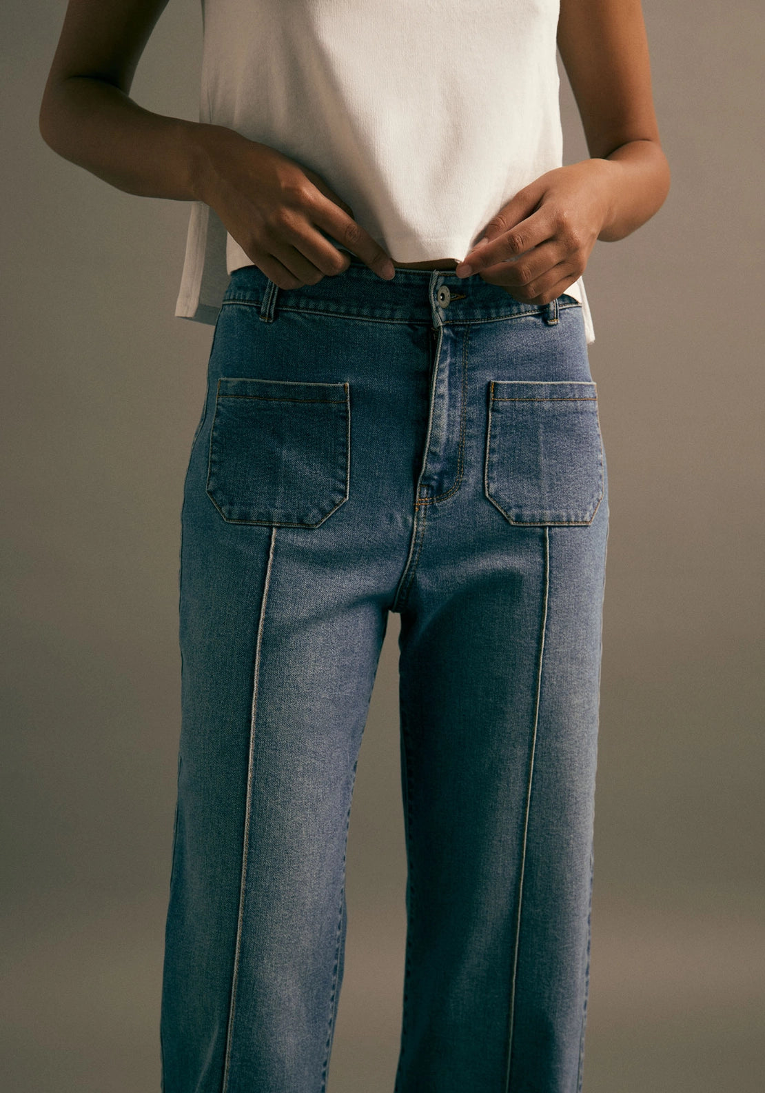 Wide Leg Flared Jeans - Denim Medium Blue