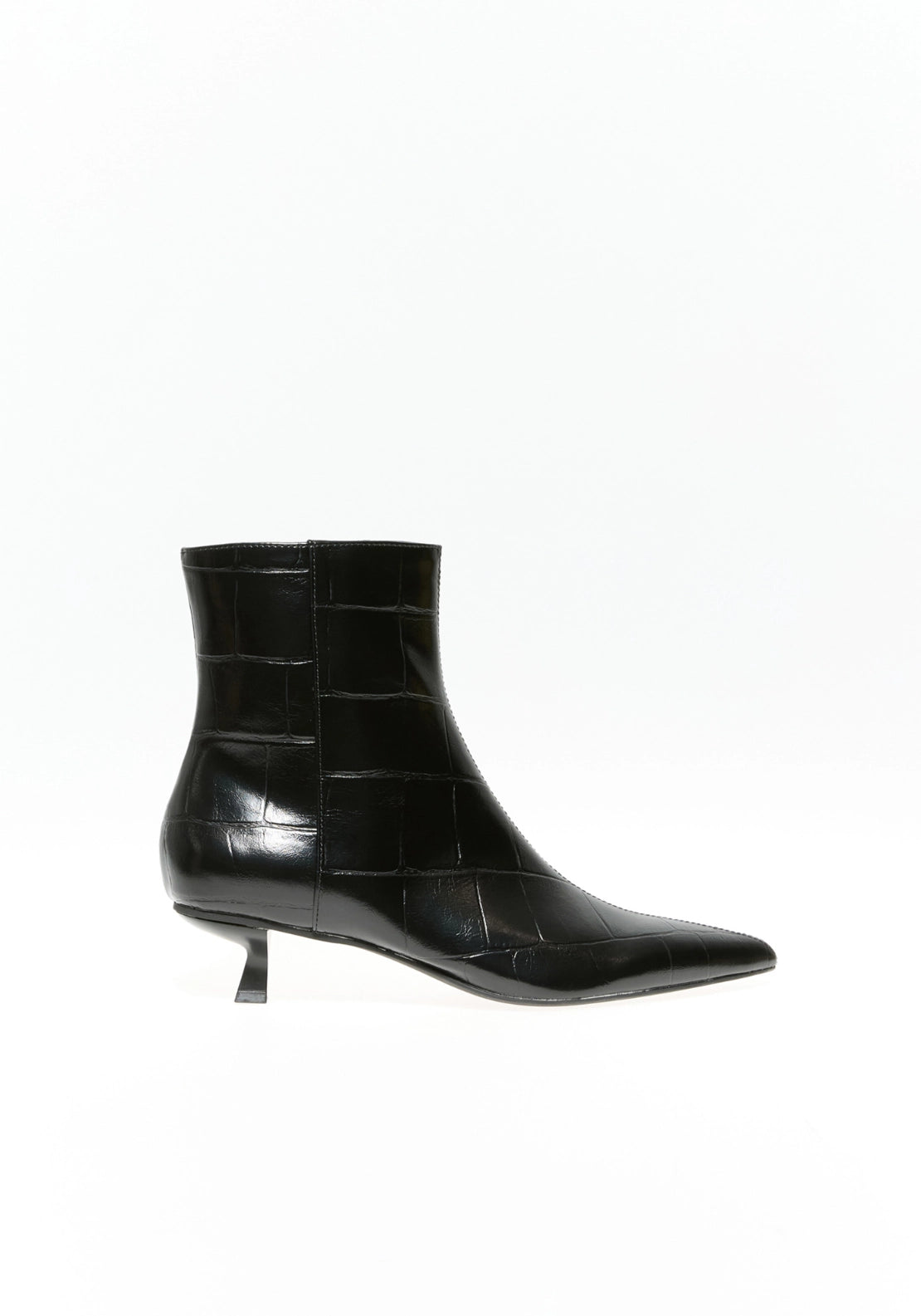 Side Zip Heeled Crocodile Effect Boot - Black