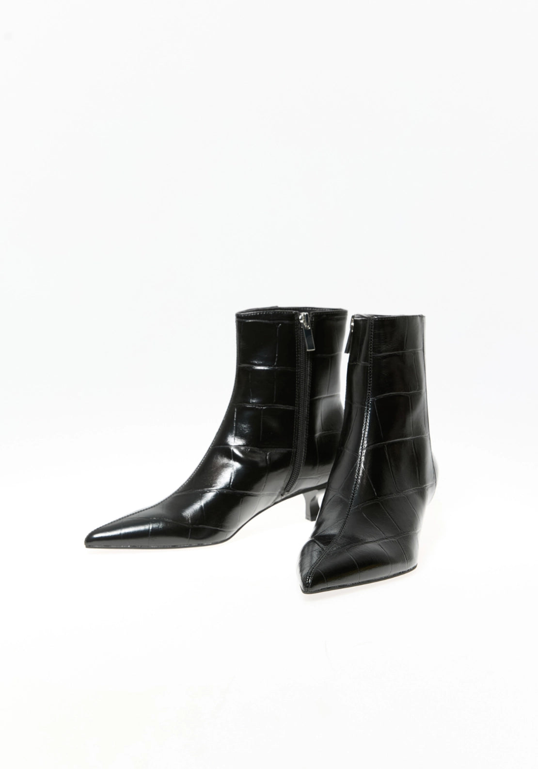 Side Zip Heeled Crocodile Effect Boot - Black