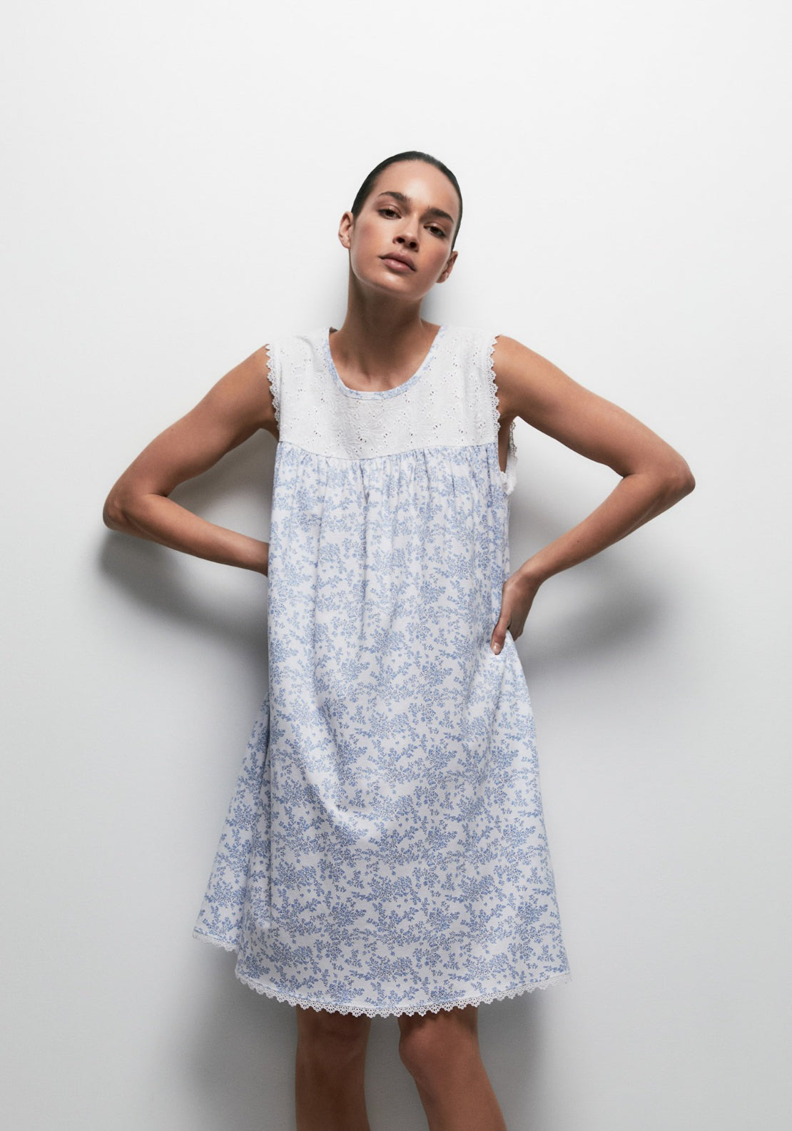 100% Cotton Floral Print Sleeveless Nightdress - Blue