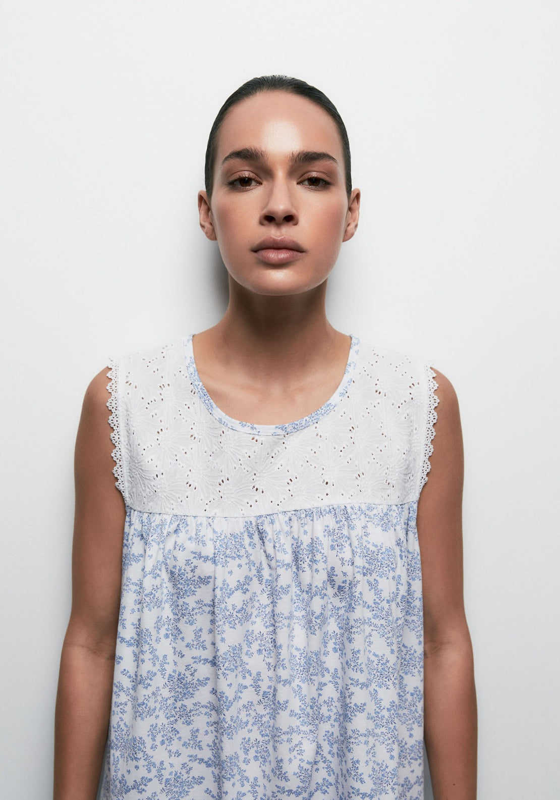 100% Cotton Floral Print Sleeveless Nightdress - Blue