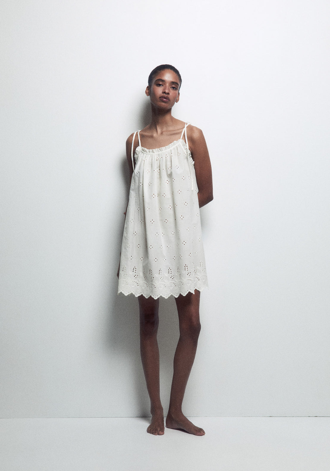 100% Cotton Plain Strappy Nightdress With Embroidered Detail - Nude