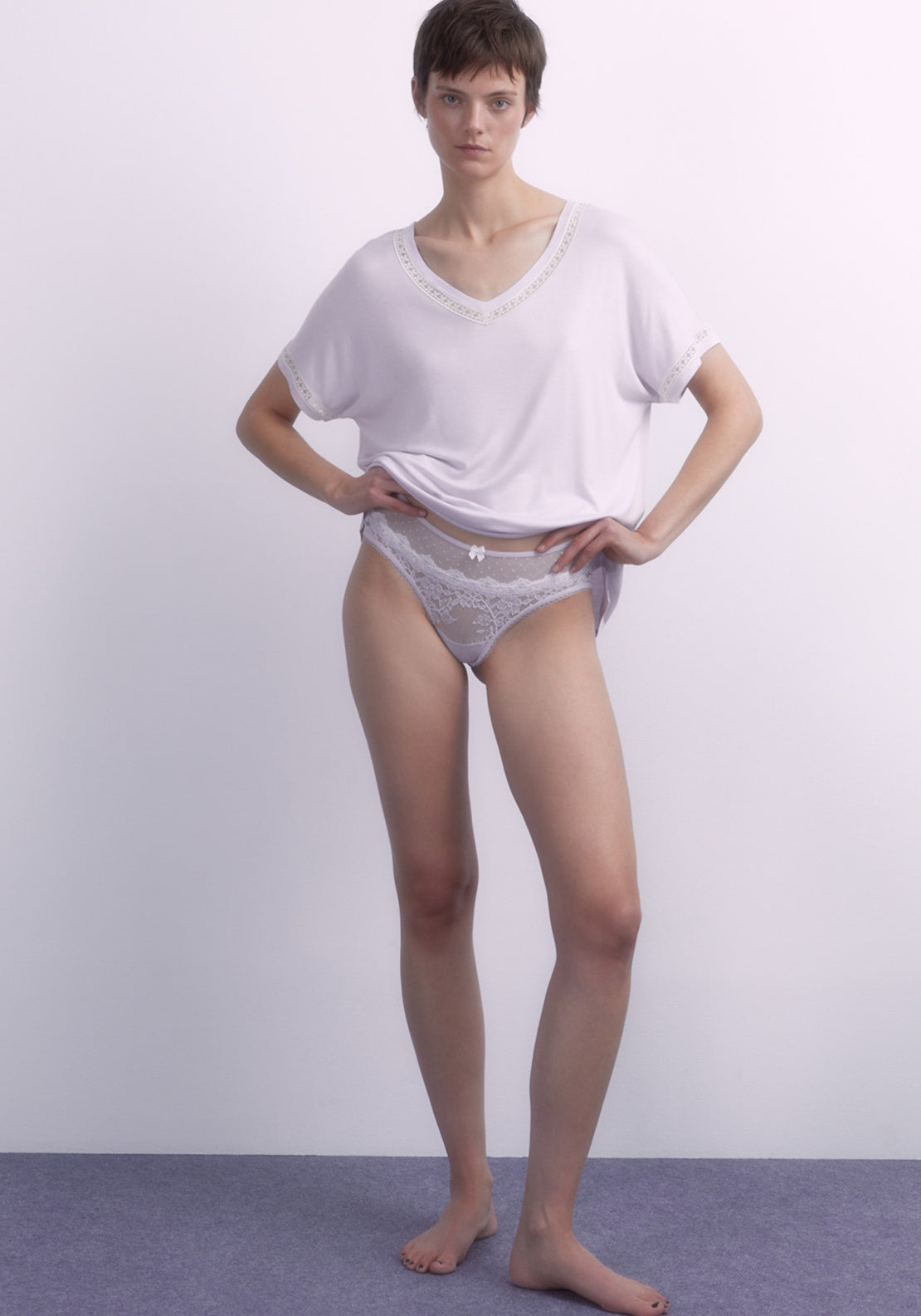 Sfera Lace detail T-shirt - Lilac 1 Shaws Department Stores