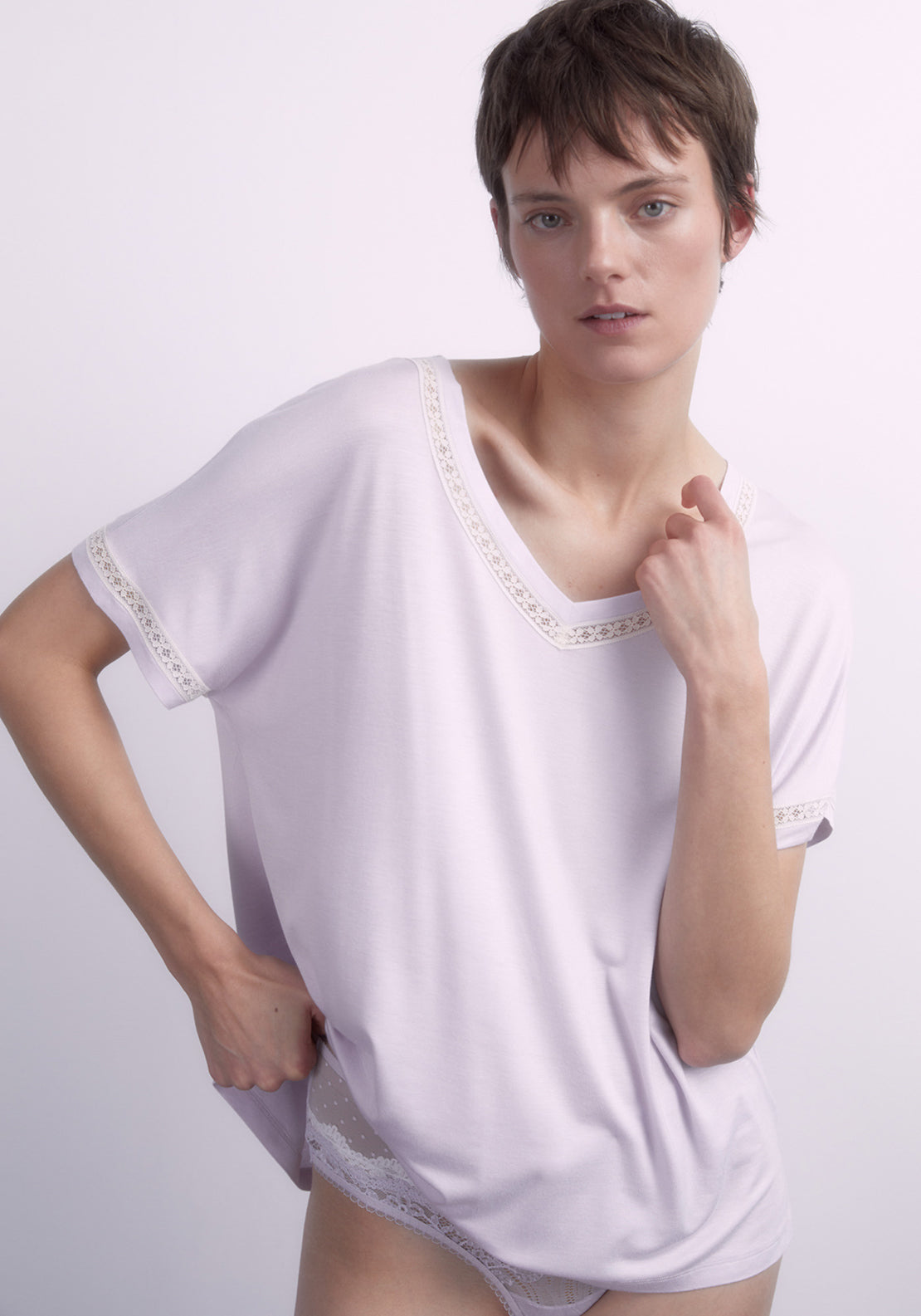 Sfera Lace detail T-shirt - Lilac 3 Shaws Department Stores