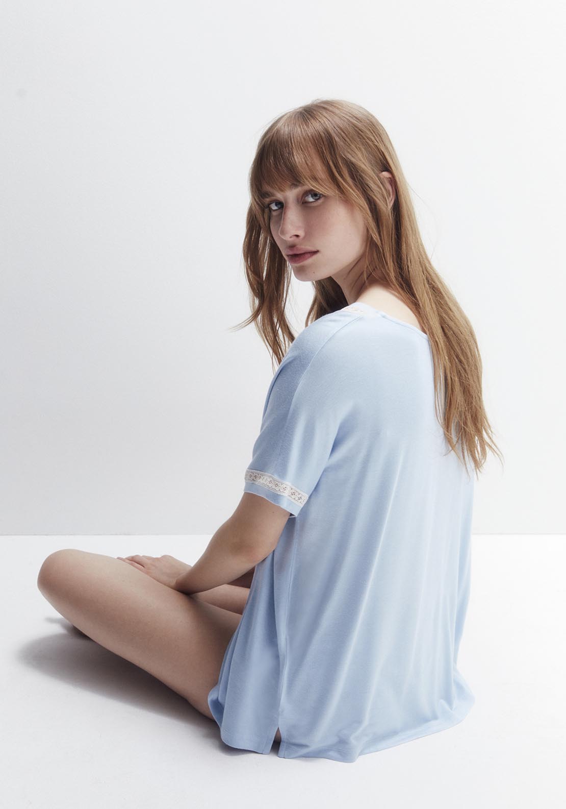Sfera Lace Detail T-Shirt - Blue Light 4 Shaws Department Stores