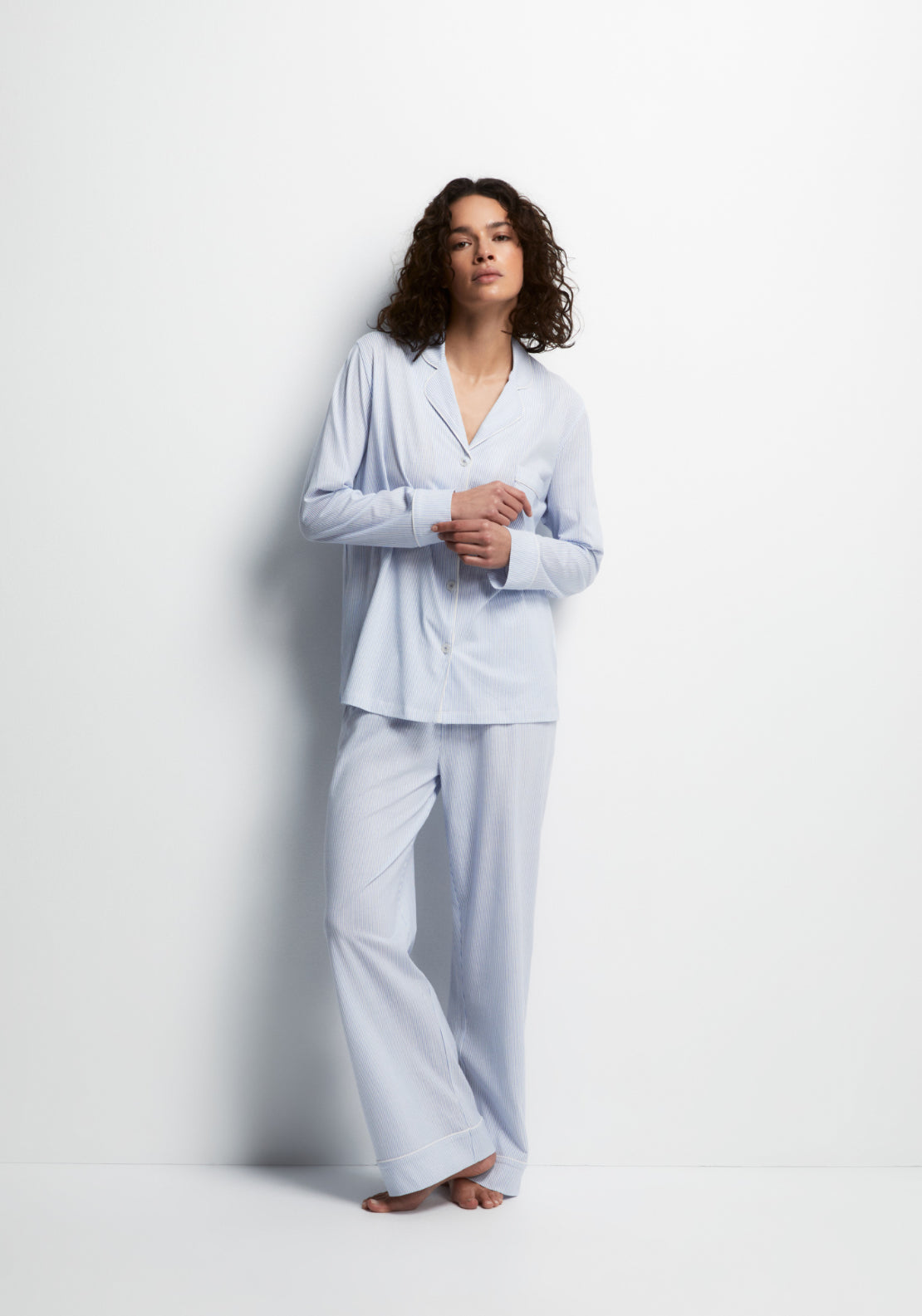 100% Cotton Classic Long Pyjamas With Notch Collar - Blue