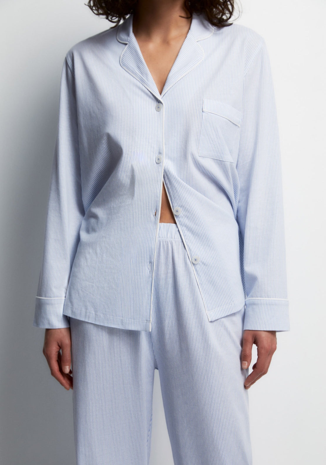 100% Cotton Classic Long Pyjamas With Notch Collar - Blue
