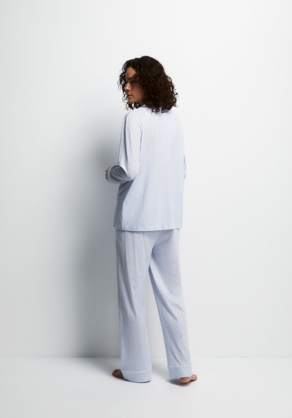 100% Cotton Classic Long Pyjamas With Notch Collar - Blue