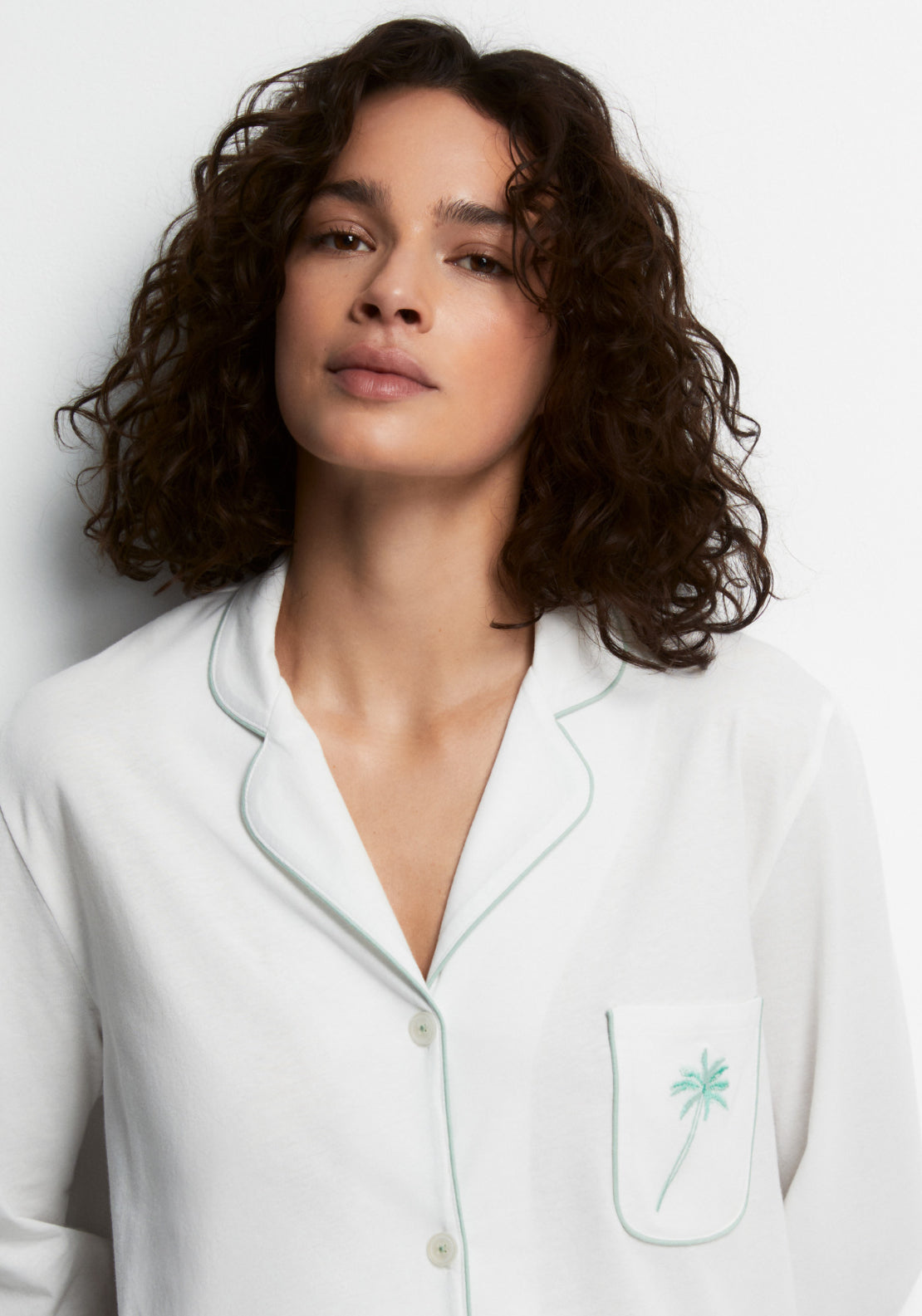 100% Cotton Long Pyjama Set With Notch Collar - Green Light