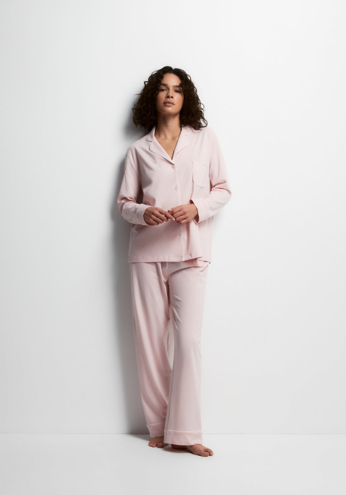 100% Cotton Long Notch-Collar Pyjama Set - Pink
