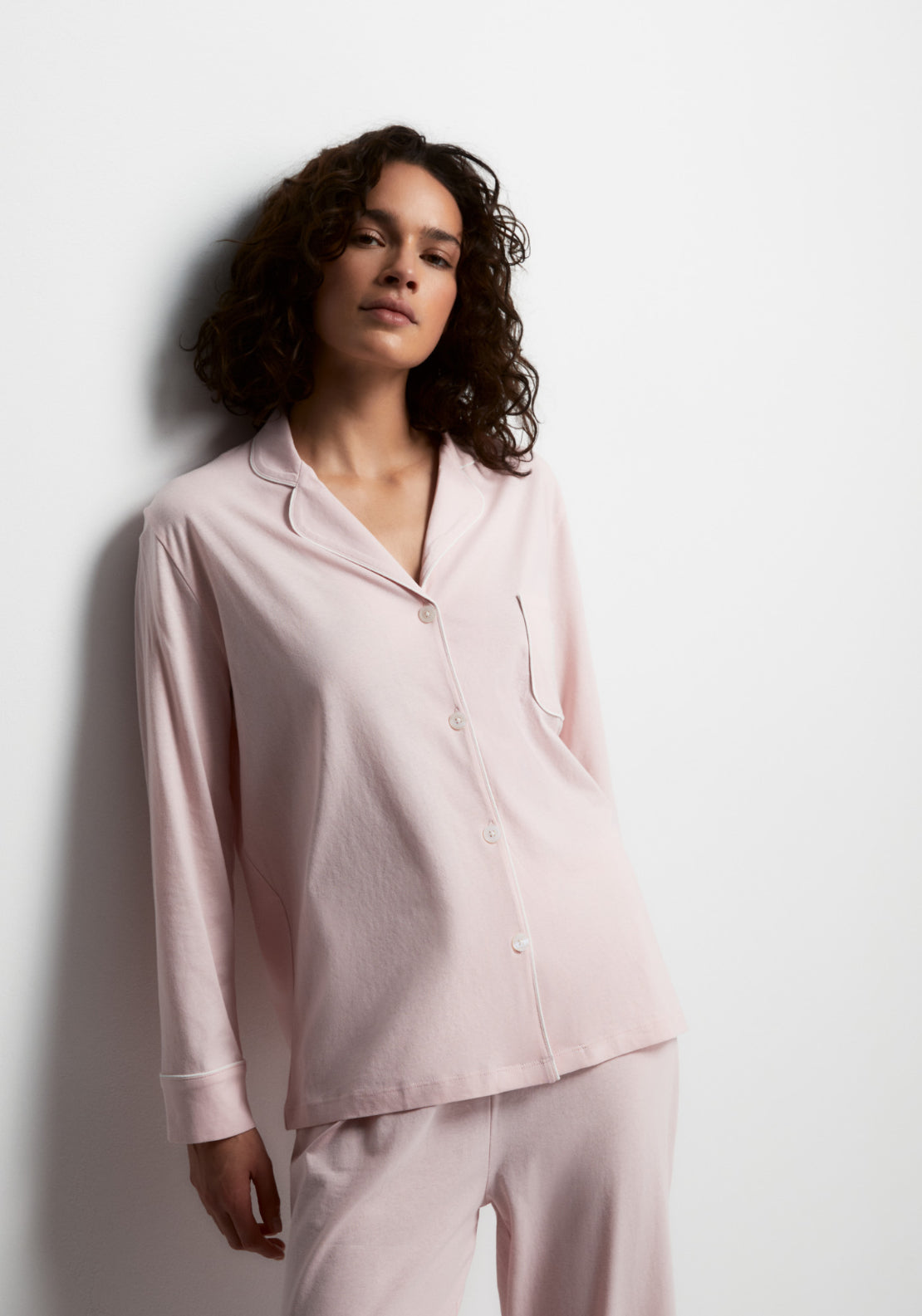 100% Cotton Long Notch-Collar Pyjama Set - Pink