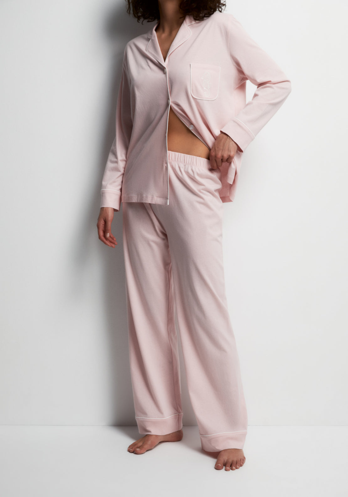 100% Cotton Long Notch-Collar Pyjama Set - Pink