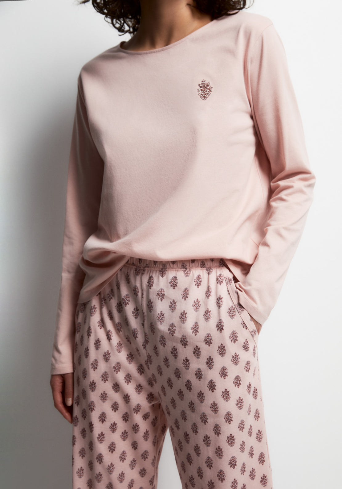 100% Cotton Long Round-Neck Pyjama Set - Pink