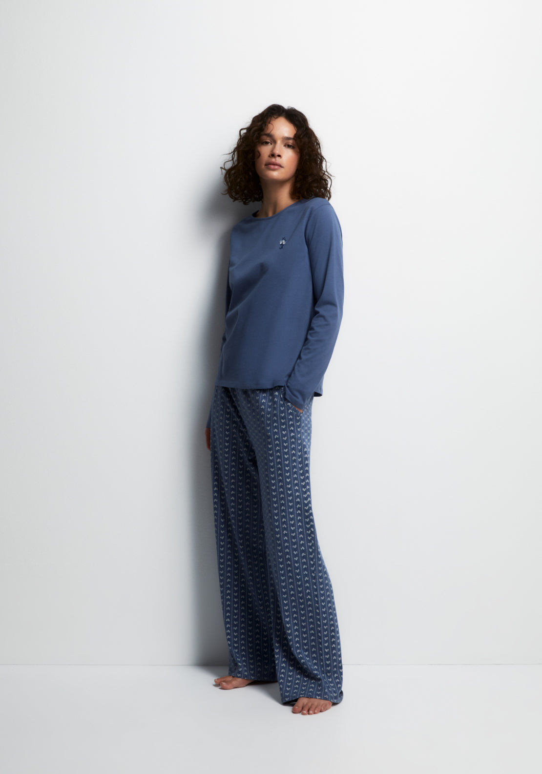 100% Cotton Long Round-Neck Pyjama Set - Acid Blue
