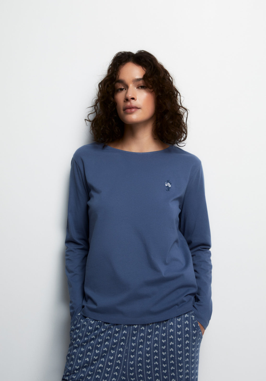 100% Cotton Long Round-Neck Pyjama Set - Acid Blue
