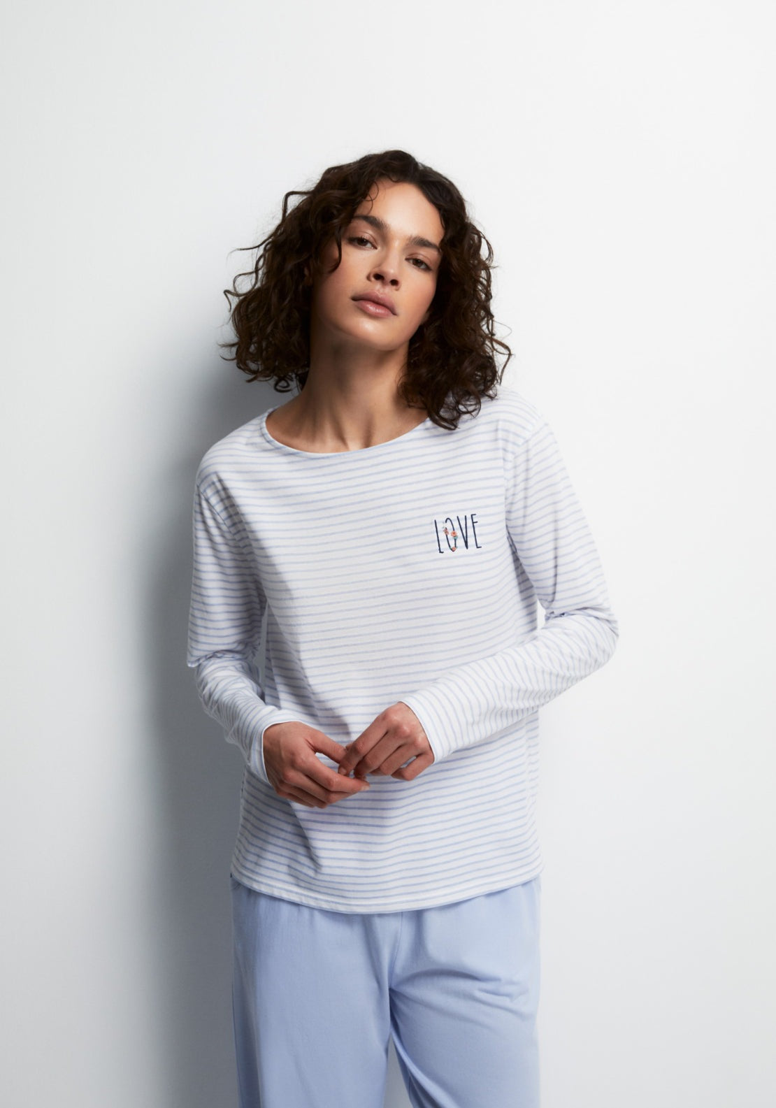100% Cotton Long Round-Neck Pyjama Set - Blue